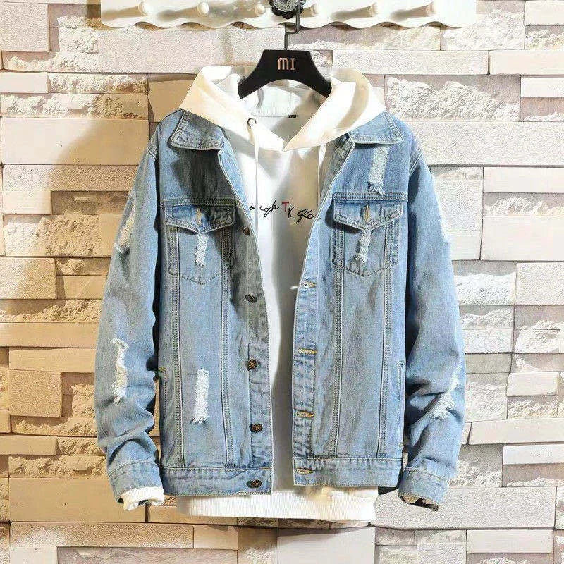 Customizable Men Denim Jacket Streetwear Hip Hop Men's Hooded Jean Jackets Male Casual Loose Outerwear Fashion Slim Fit Coat