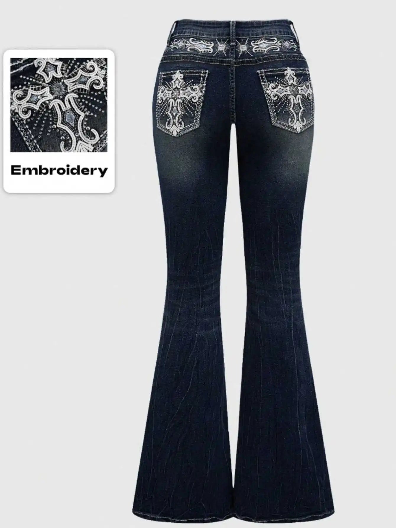 Denim Pant Women Bootcut Jeans Embroidery Vintage Washed Mid Waist Straight Trousers Slim Fit Y2k Streetwear Work Casual Summer