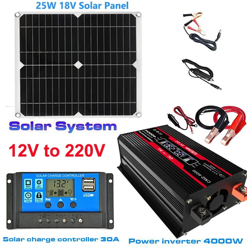 12V to 110V/220V Solar Power System 25W Solar Panel 30A Charge Controller 4000W Modified Sine Wave Inverter Power Generation Kit