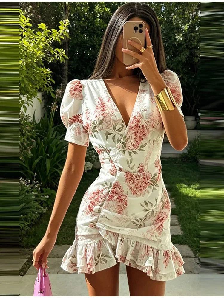 Floral Printed Wrap Mini Dress Ladies V Neck Bubble Sleeve Side Ruched Detail Tiered Ruffle Hem  Vacation Cocktail Party Outfit