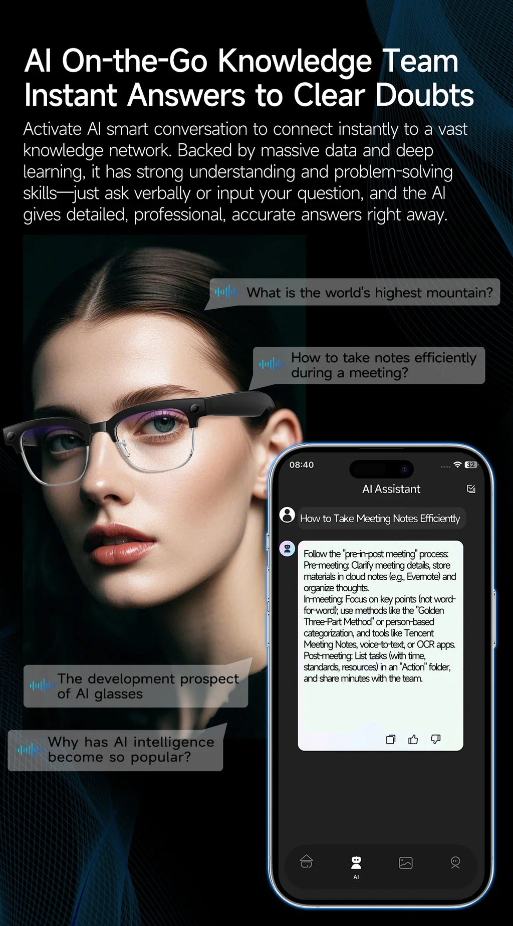 2026 New 4K HD 800W Pixel Dual-Camera Smart Glasses Men 1200P Video Recording AI Chat WIFI Transmission Translation Call Glasses