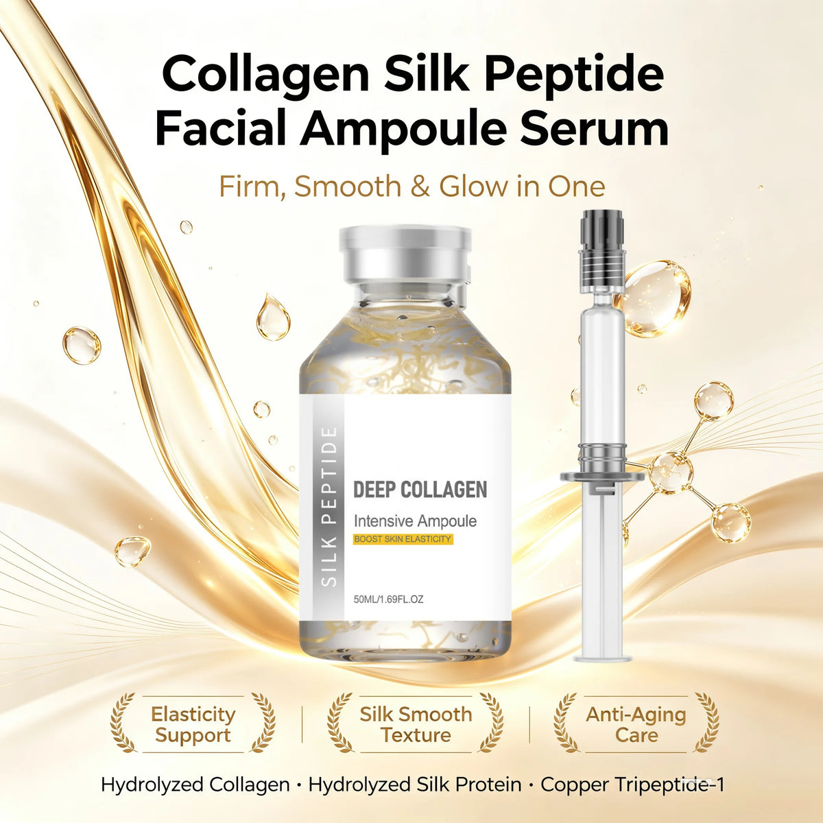 Deep Collagen Silk Peptide Facial Ampoule Serum,Anti-Aging with Copper Peptides&Plumping&Firming with Hydrolyzed Collagen,Silky Hydration with Hydrolyzed Silk Protein&Barrier Strengthening,Firming&Lifting Effect,Lightweight N