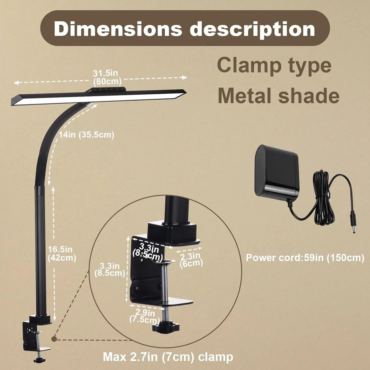 LOOPITYS 24W LED Desk Lamp 80cm 2310 Lumens Touch Control Dimmable Adjustable Color Temperature Clamp Table Lamp