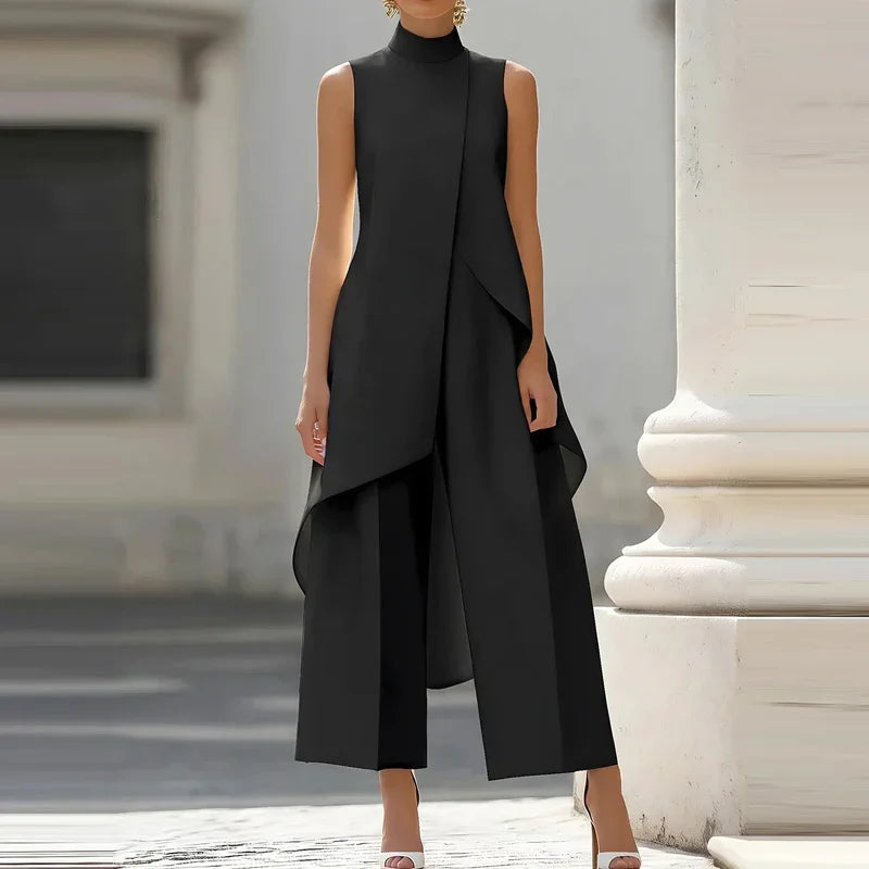 Women Chic Irregular Top+Pant Stwo-Piece Set Casual Solid Color High Neck Sleeveless Suit Fashion Office Commuting Loose Outfit