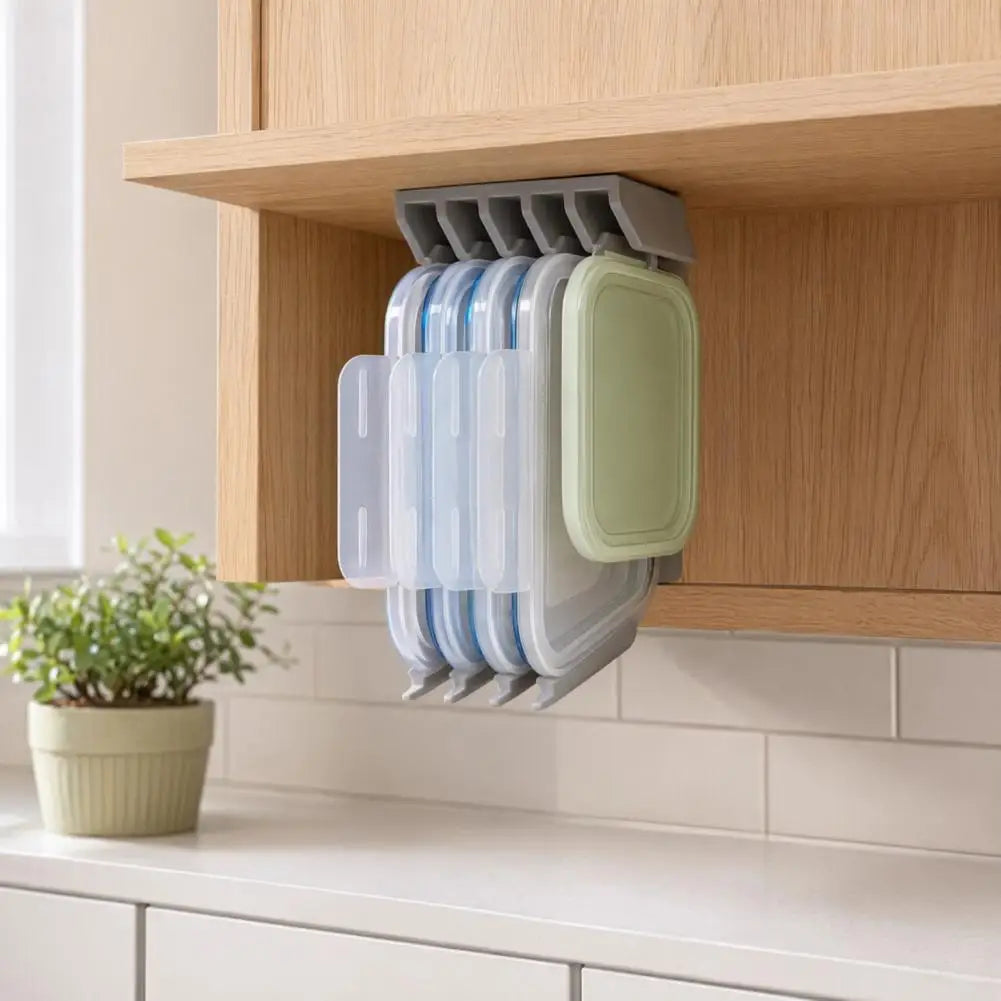 Kitchen Lid Organizer Rental Kitchen Storage Crisper Lid Storage Rack with 5-slot Partition Adhesive Wall Mount for Cabinets