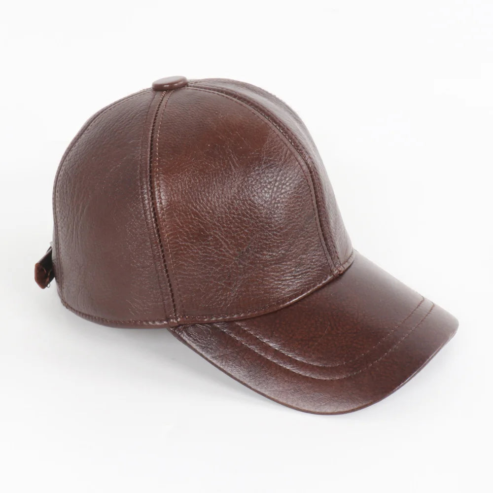 New Men Casual Real Leather Earflap Cap Men Real Cowhide Leather Caps Male Fall Winter Genuine Real Cow Leather Baseball Hats