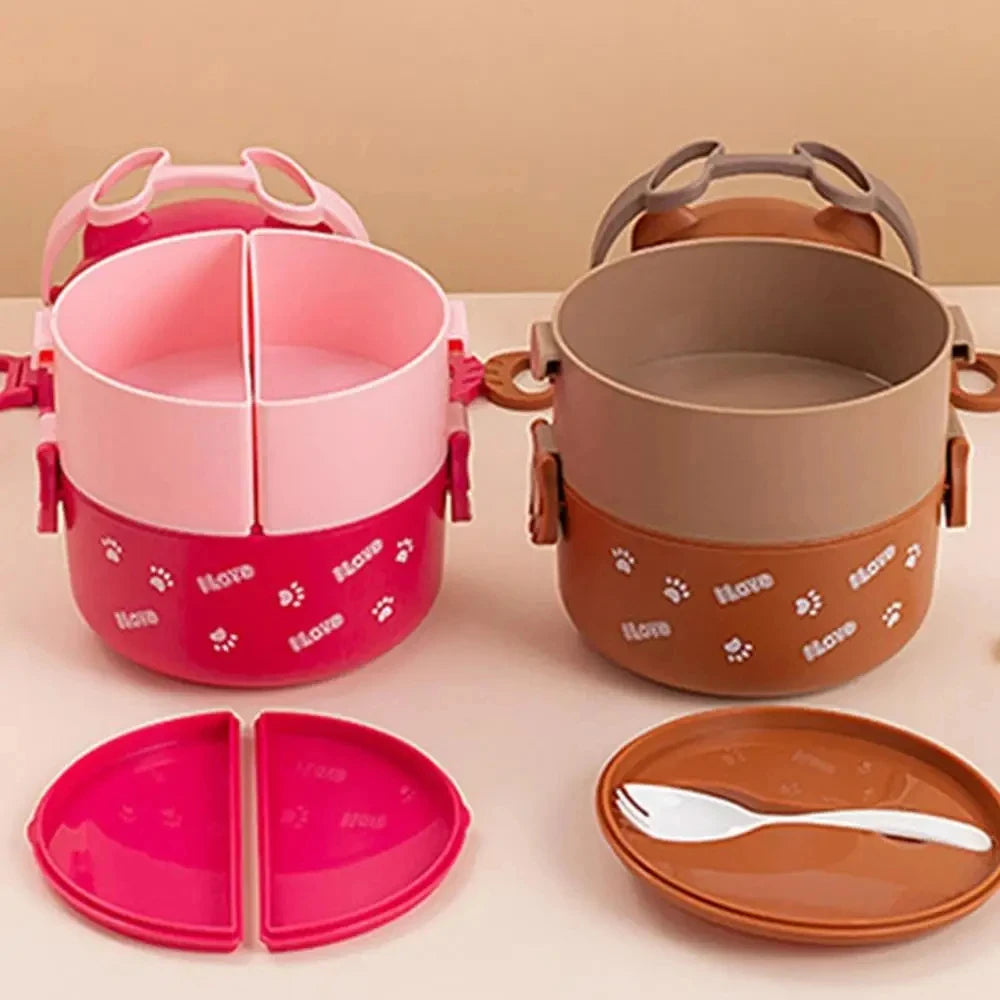 Eyeglass Bear Thermal Bento Box Stackable Bento Box Portable Cute Cartoon Children Lunch Box Double Layer Food Storage Container