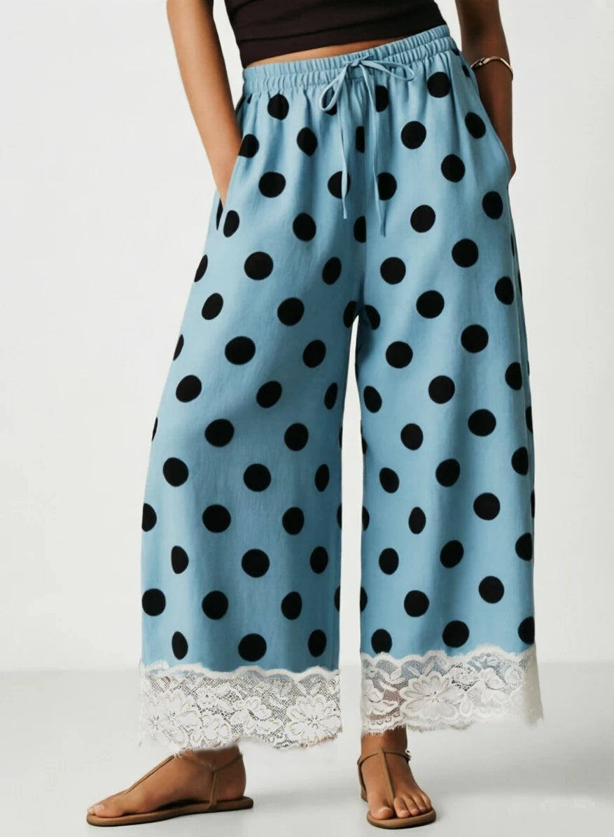 Women Y2K Retro Polka Dot Pants Lace Hem Elastic High Waist Drawstring Loose Fit Trousers Sweet French Style Vacation Bottoms