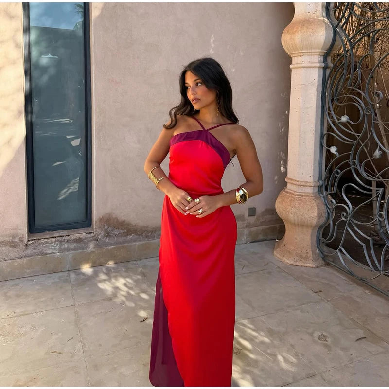  Women Sexy Color Blocking Halter Maxi Dresses Elegant Backless Off shoulder Sleeveless Slim Gowns 2026 New Lady Party Vestidos