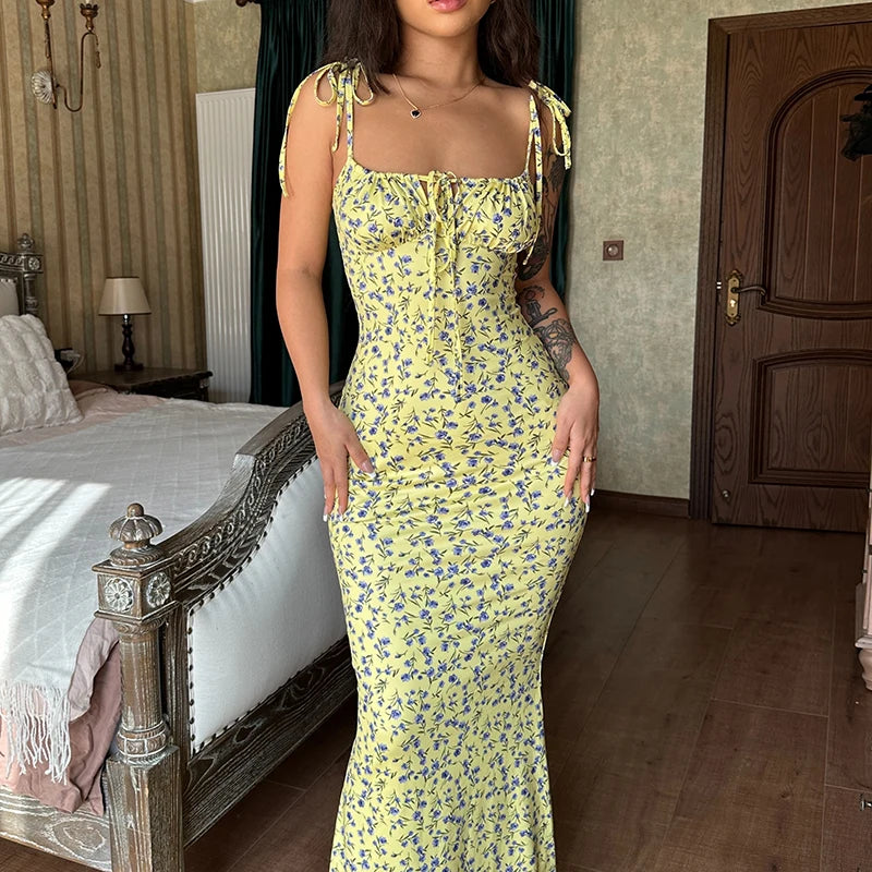 Hugcitar Floral Print Sleeveless Backless Slips Lace Up Maxi Dress Sexy Bodycon Summer Elegant Outfits Holiday Party Wholesale