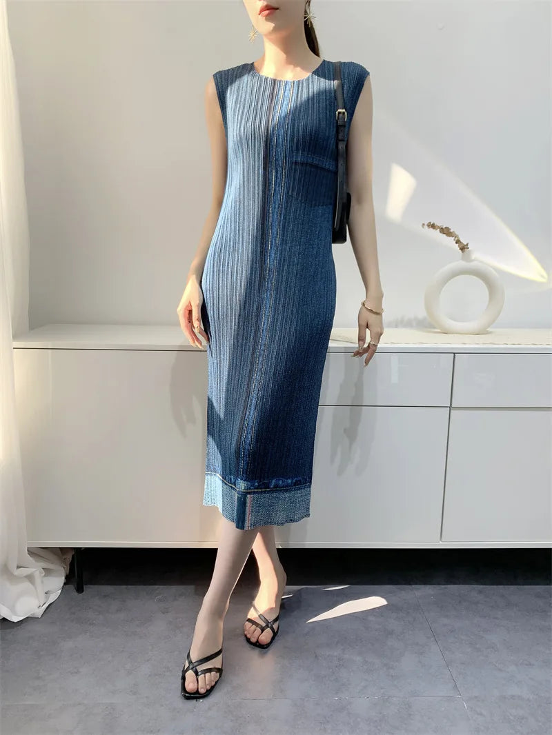 Miyake Pleated Imitation Denim Dress 2025 Summer New Mid-length Slim and Thin Short-sleeved Pleated Skirt