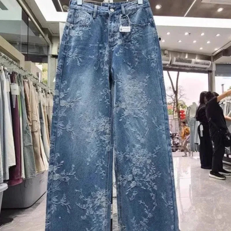 Korean Niche Jacquard Wide-leg Jeans Women Summer Trousers New Design Sense High-waist Casual Straight-leg Floor-length Pants
