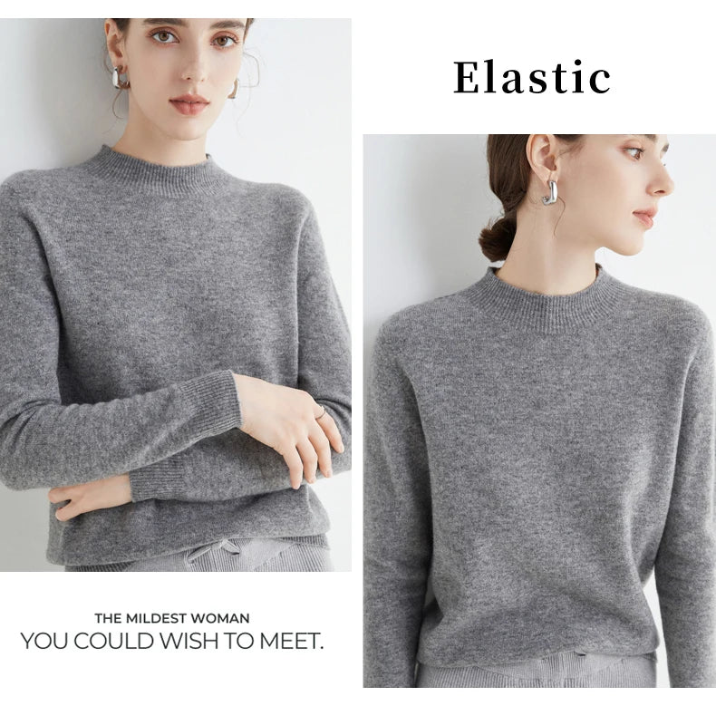 First-Line Seamless Women's Half-Turtleneck 100% Pure Wool Sweater Solid Color Long Sleeve Pullover Knitted Bottoming Sweater