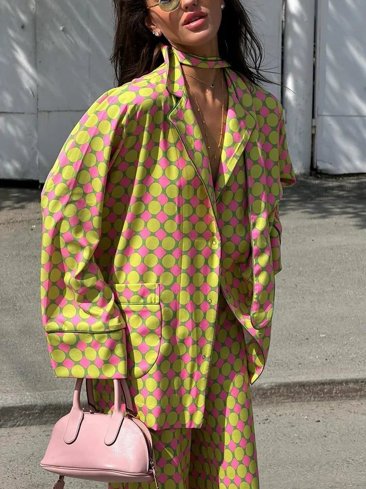 Vintage Polka Dot Women's Pants Sets 2 Pieces Tie Lapel Full Sleeve Blouses Loose Wide Leg Pant 2026 Autumn Lady Vacation Suits
