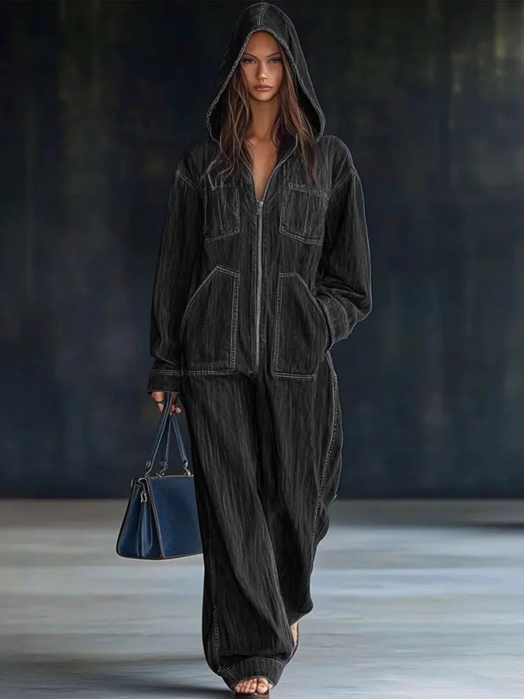 Women Denim Jumpsuits For Autumn Winter Long Sleeve Bandage Loose Fashion Streetwear Overalls Wide Leg Pants Jeans 2025