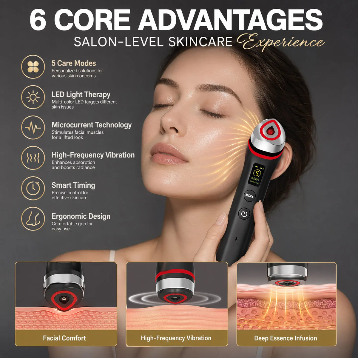 5 Colors Ager Booster Pro Lifting Face Neck therapy Wand LED Vibration Massager Beauty Device for Anti-Aging Skin Tightening