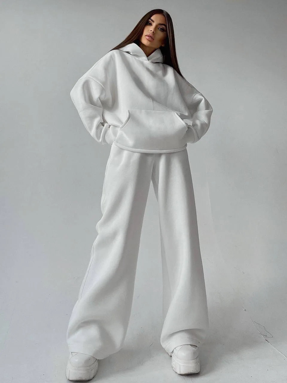 Woman's Solid Color Hooded Sweatshirt Pant Two-piece Set Fashion Long Sleeves Pocket Pullovers Pants Suits Ladies Loose Outfit