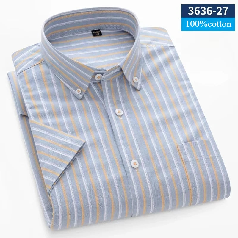New In Shirt Summer 100%Cotton Short Sleeve Shirts for Men Slim Fit Formal Plain Shirt Designer Plaid Korean Popular Clothes