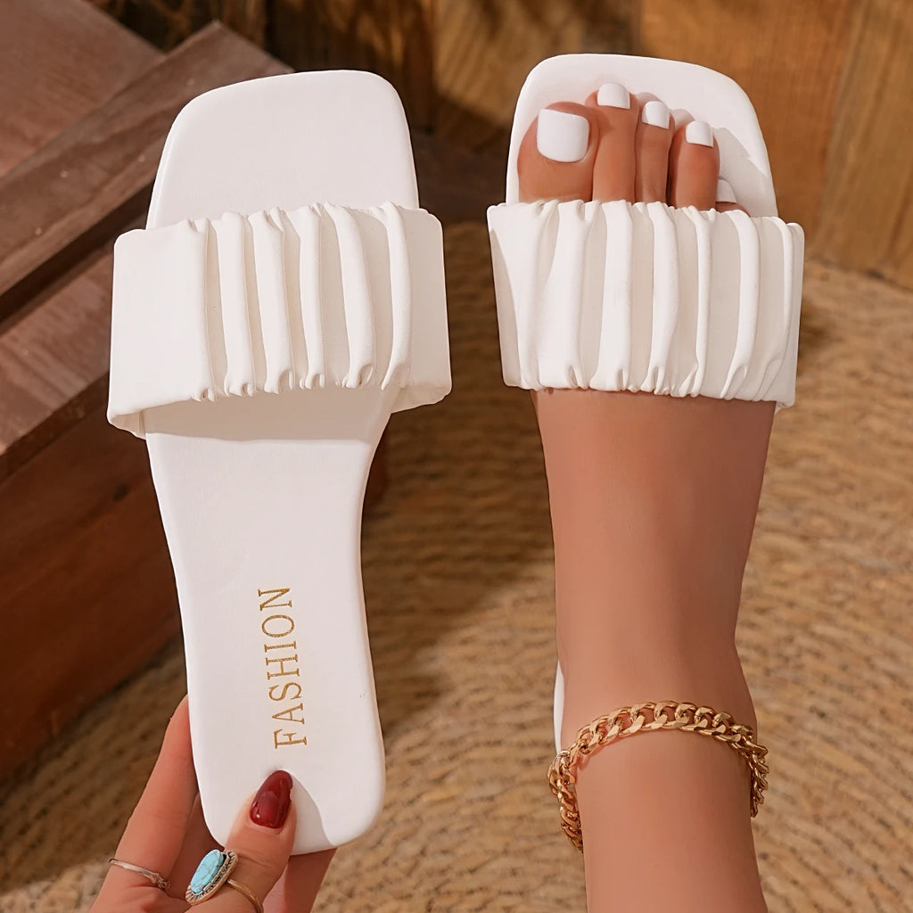 Summer Women Slippers Casual Beach Square Head Slippers Simple Pleated Sandals Open Toe Flat Heel Shoes Outdoor Slides Women