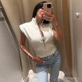 Women's Double Zipper Knit Vest Stand Collar Shoulder Pad Sleeveless Slim Cropped Sweater 2026 Autumn All-match Casual Outfits