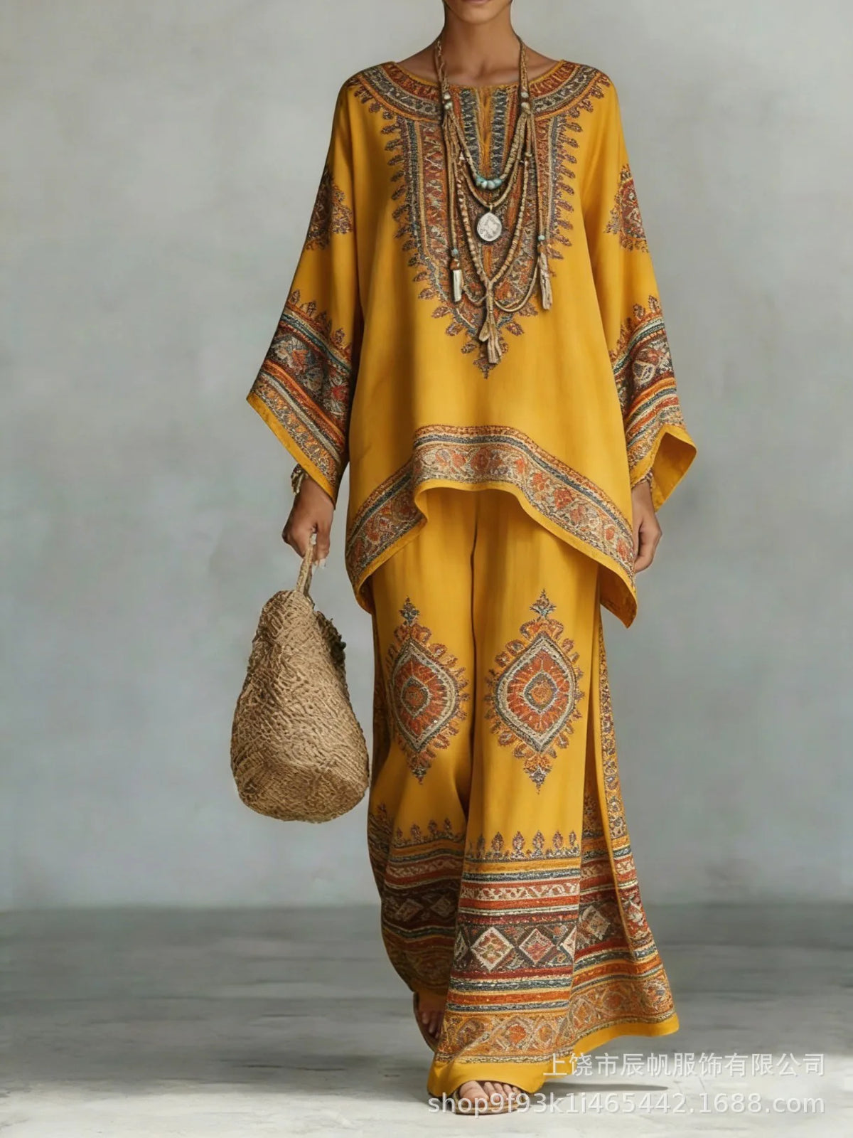 Bohemian Foreign Style Printed Women's Two-piece Set Spring Fashion O-neck Loose Top+wide Leg Pants Suit Ladies Office Outfit