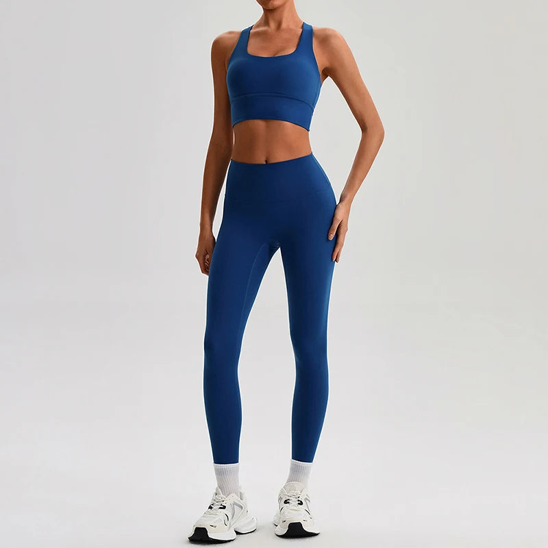 Naked Feel Yoga Set Women Fitness Sportswear 2 Piece Strappy Sports Bra High Waist Gym Leggings Workout Outfit Active Wear