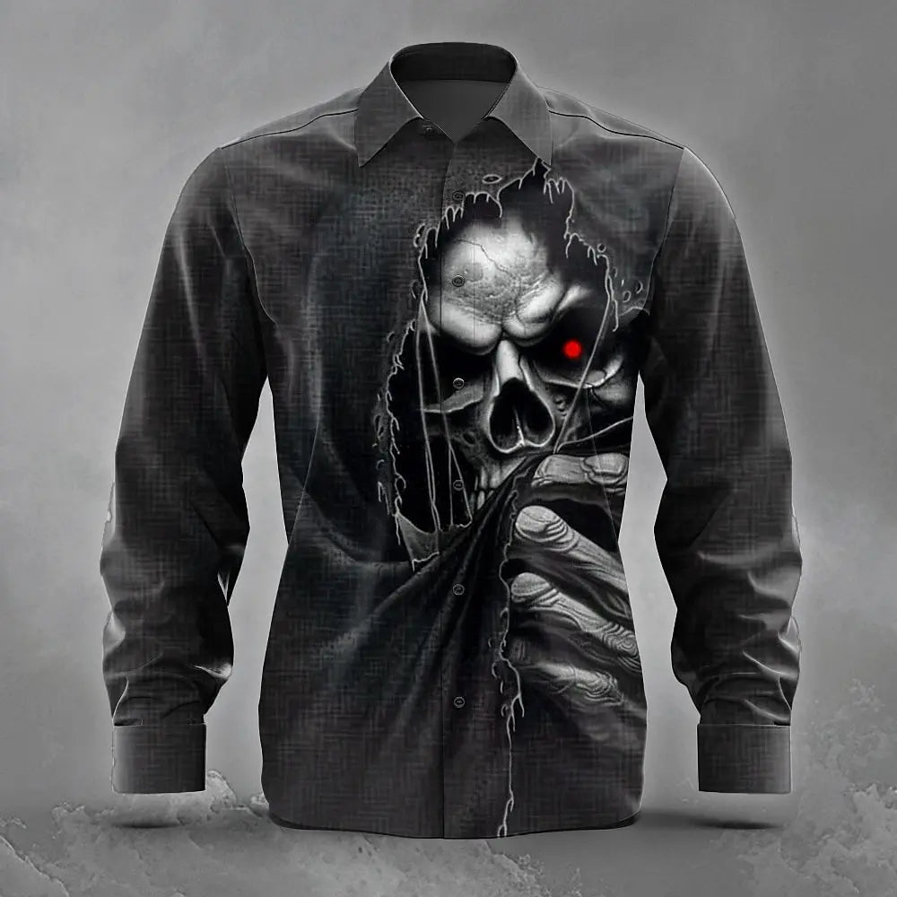 Men's Skull Death Ripped Shirt Button Up Shirt Long Sleeve Dark Punk Gothic Style Streetwear Turndown 3D Print Collared Shirts