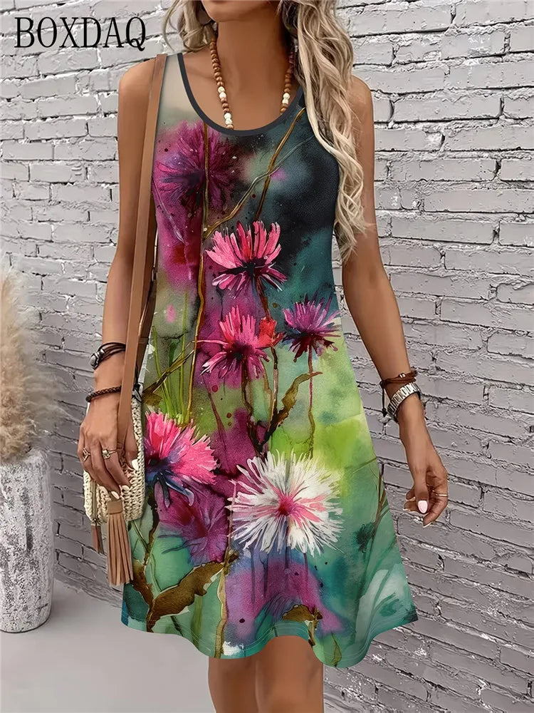 Women's Summer Dress Casual Sleeveless Round Neck Floral Print Loose Dress
