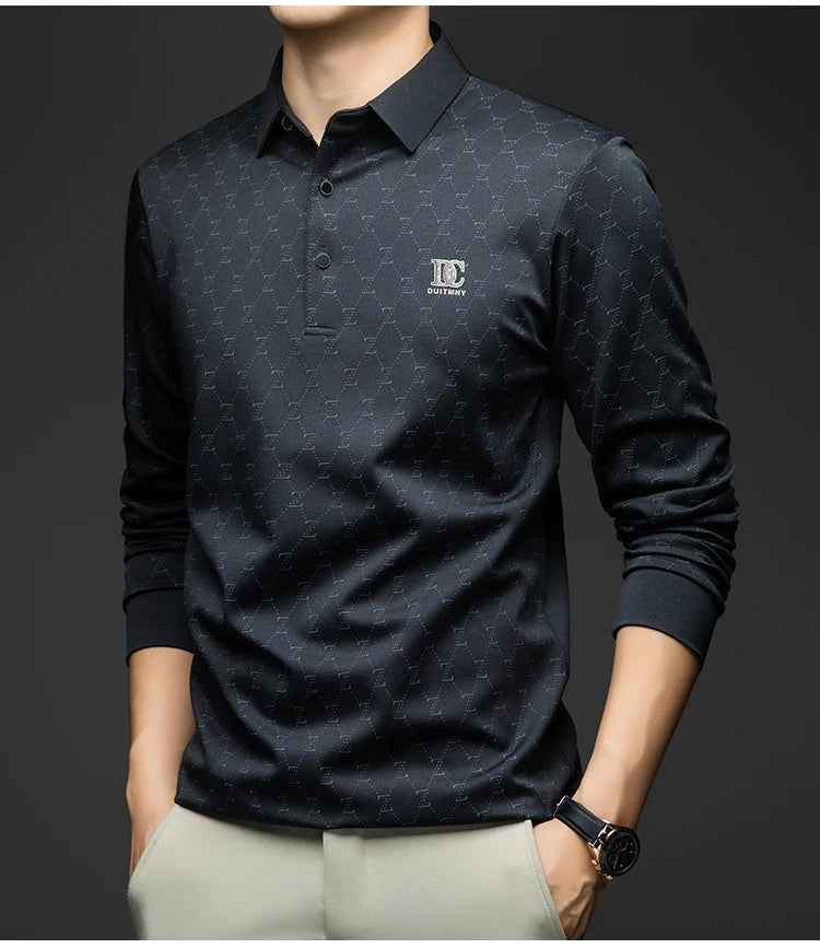 BROWON 2026 Spring Autumn Elegant Polo Shirts for Men Long Sleeve Lapel Color Printed Soft Comfortable Males Tops and Tees