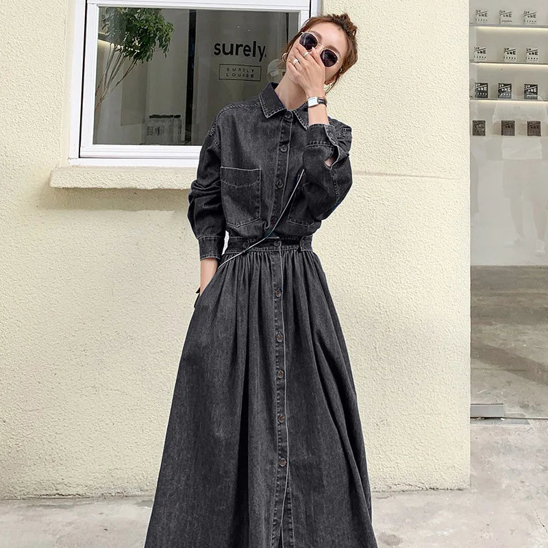 Denim long dress women A-line high waisted long sleeves casual roupas femininas