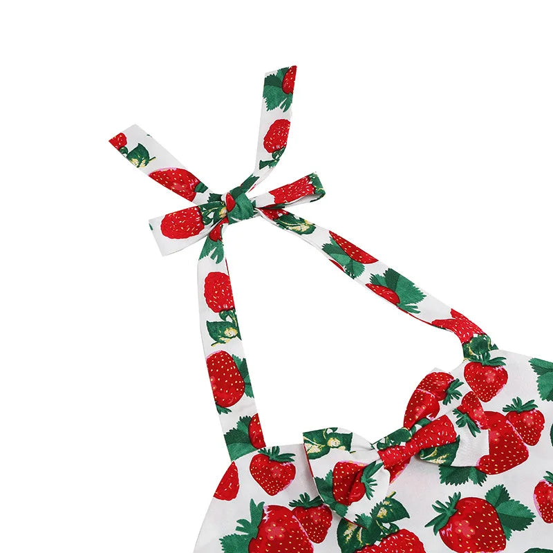Kids Girls Vintage Halterneck Dress Polka Dots Cherry Strawberry Daily Birthday Party 1950s Swing Dress Summer Princess Dress