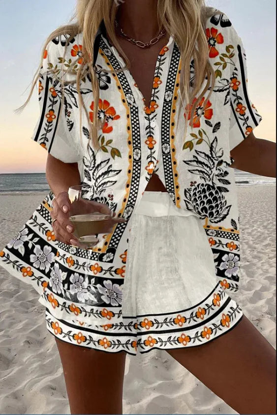 Fashion Print Beach Holiday 2-Piece Set Women Summer Short Sleeve Shirt Top + Wide Legs Short Women's Oversized Two-Piece Outfit