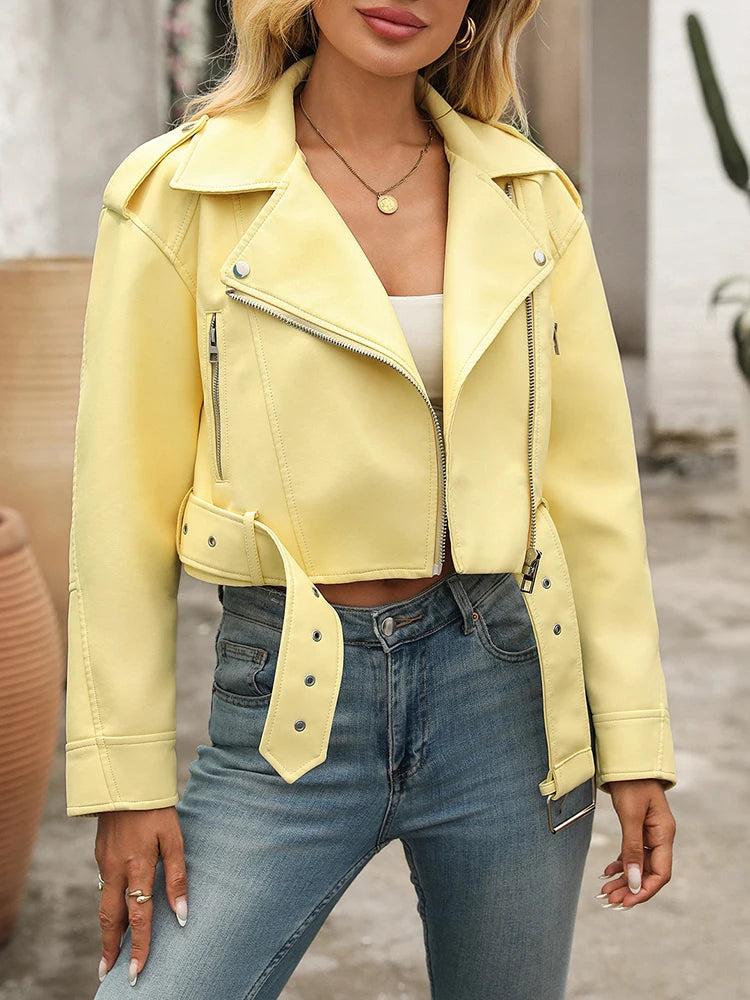 Ailegogo New Spring Autumn Women Street Casual Short Faux Leather Jacket Moto Biker Female Zipper Belt Loose Coat Outwear