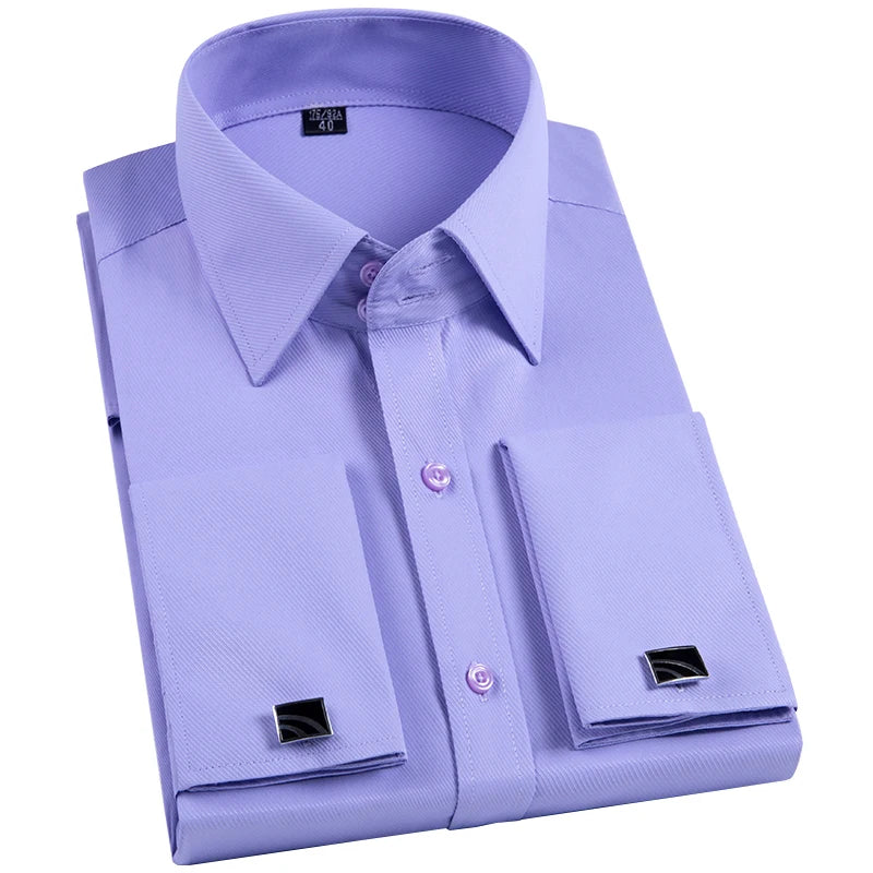 Men's Slim Fit French Cufflink Shirt Long Sleeves Double Cuff Solid Color High End Wedding Formal Dress Casual Men's Clothing
