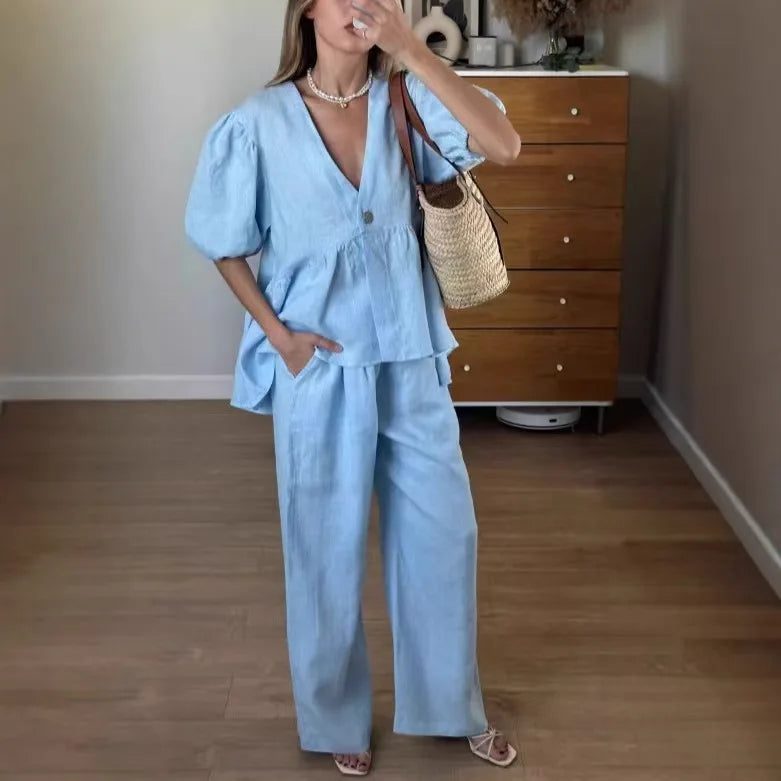 Elegant Solid 2 Piece Sets Women New Fashion Puff Short Sleeve V-Neck Button Top Wide Leg Pants Suit Casual Streetwear Outfit