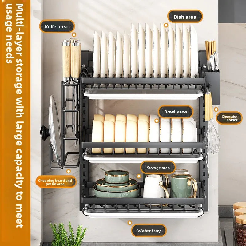 Wall Mounted Kitchen Organizer Rack - No-Drill Storage Shelf for Bowls, Plates, Spices with Dish Drying Function