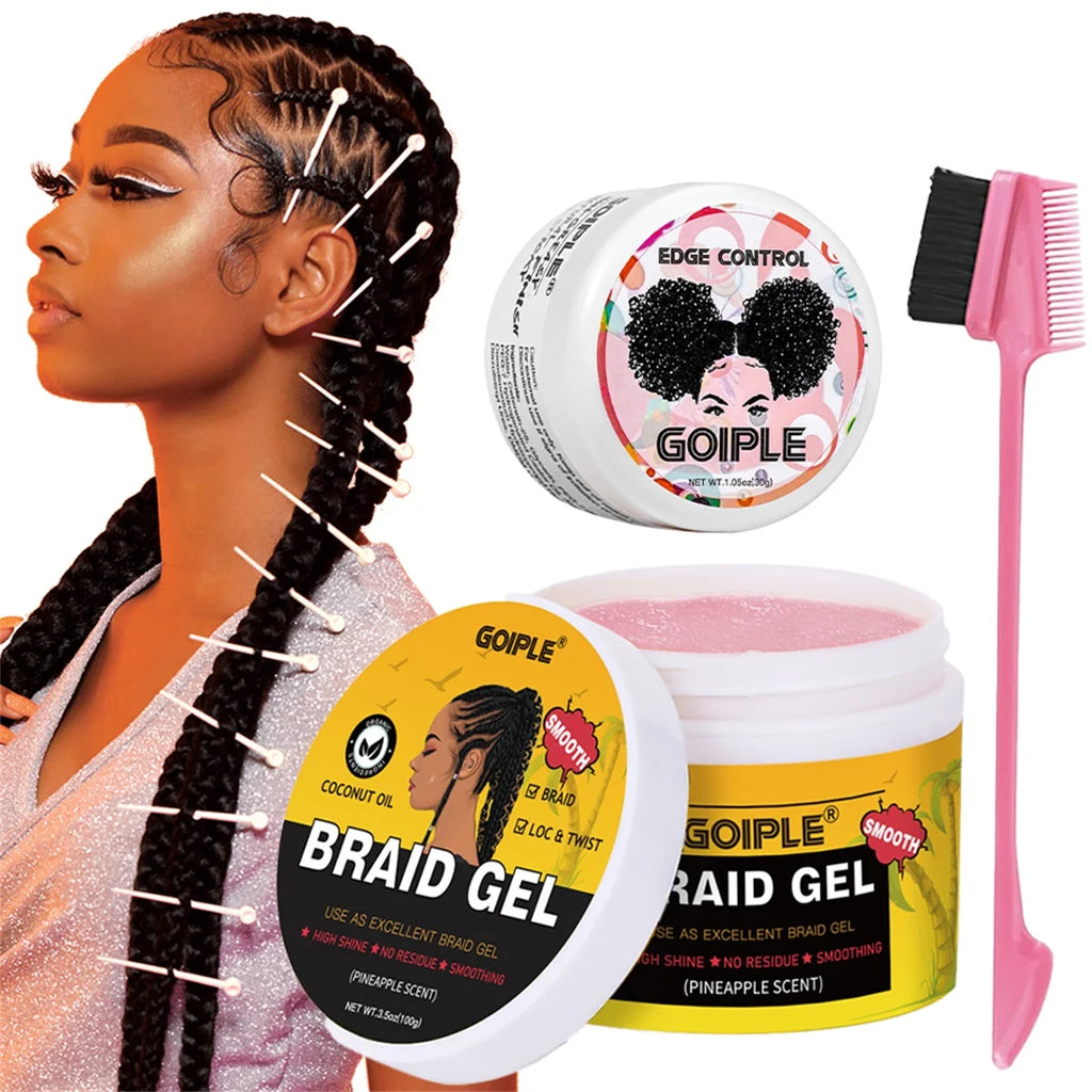 GOIPLE Extreme Hold Braid Gel-Styling Hair Wax for Cornrows, Locs, Twists and Fashionable Braids & Edge Control Gel & Brush 3pcs