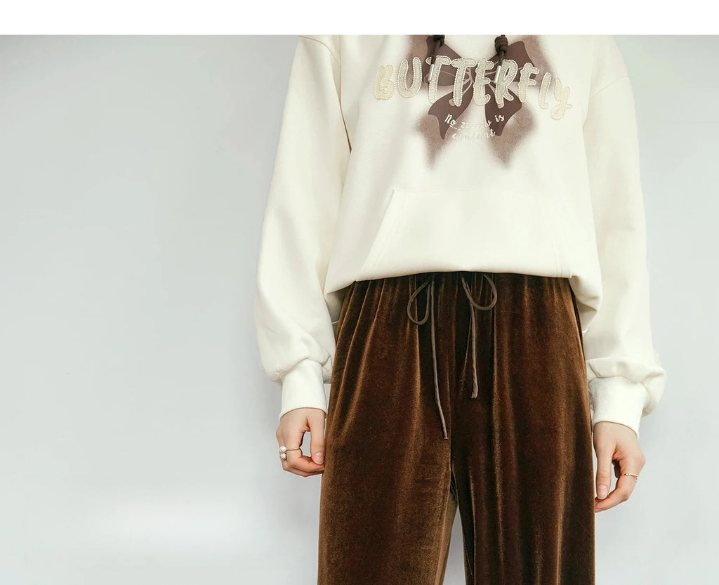 OLrain Velvet Drawstring Baggy Sweatpant Woman 2026 Autumn Casual Retro High Waist Wide Leg Long Pants Women Trousers M56QK85138