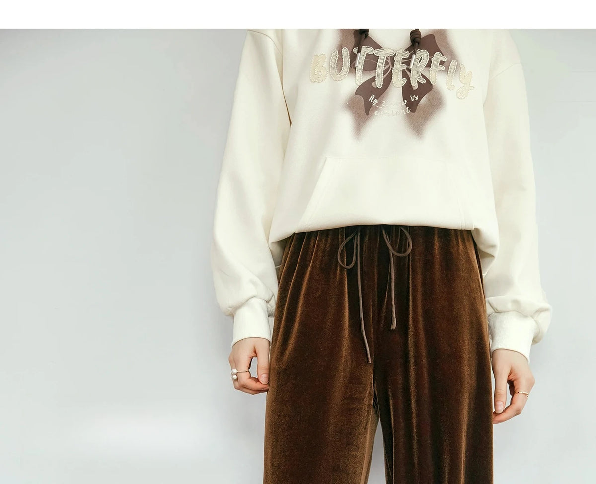 OLrain Velvet Drawstring Baggy Sweatpant Woman 2026 Autumn Casual Retro High Waist Wide Leg Long Pants Women Trousers M56QK85138