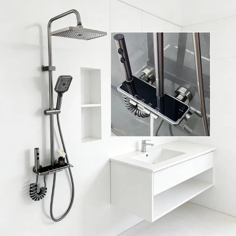Four Ways Water Outlet Brass Bathroom Shower Set Hot Cold Bathroom Shower Faucet Full Set Grey/Chrome Rainlfall Shower System