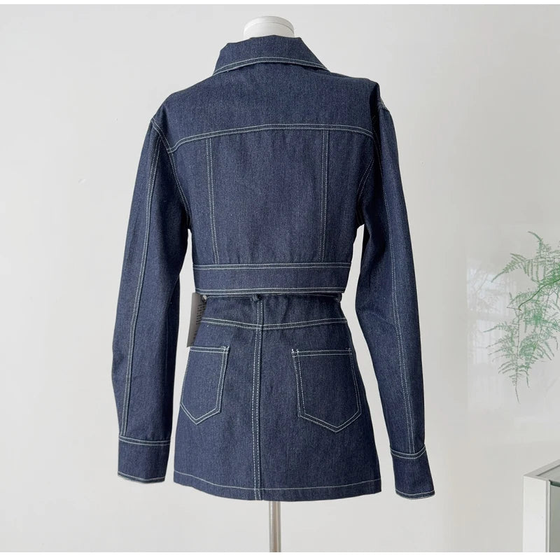 Vintage Wash Denim 2 Piece Sets Women Long Sleeve Crop Top Zipper Jacket and A-Line Mini Skirts Suits Streetwear Jeans Outfits