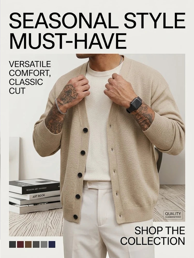 Autumn Men's Long Sleeve Knit Cardigan Sweater Solid Color Button Down Casual Warm Knitted Jacket for Winter Outwear Streetwear
