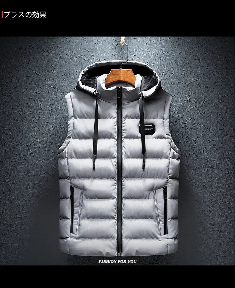 Fashion Warm Hooded Male Winter Vest Light Plus Size Mens Work Vest Waistcoat Hooded New Fleece Autumn Sleeveless Jacket for Men