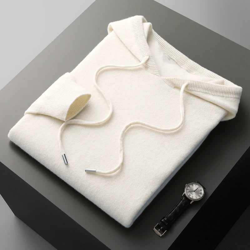 Men's 100% Merino Wool Two-piece Suit Knitting Hooded Collar Pullover and  Wide-leg Pant Autumn Winter Thickened Warm Sweater