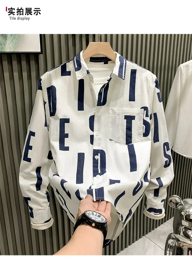 Men Clothing Spring Autumn Trendy Vintage Letter Print Lapel Shirt Simple Casual Long Sleeve Pocket Loose Tops Camisa Masculina