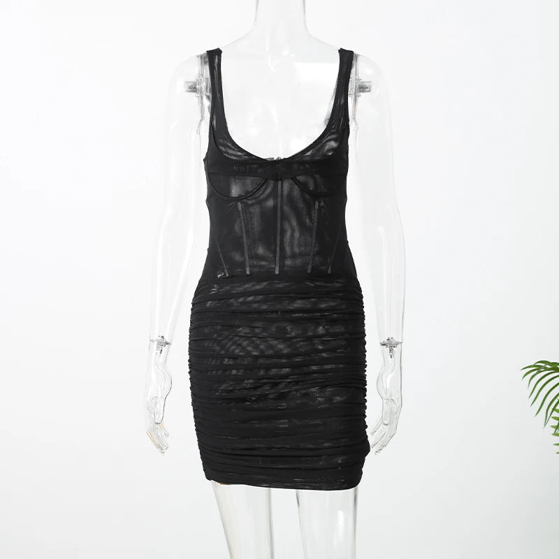 Sexy Nude Fishbone V-neck Dress Women Elegant Sleeveless Pleated Slim Waist-cinching Gown 2026 Summer Party Casual Streetwear
