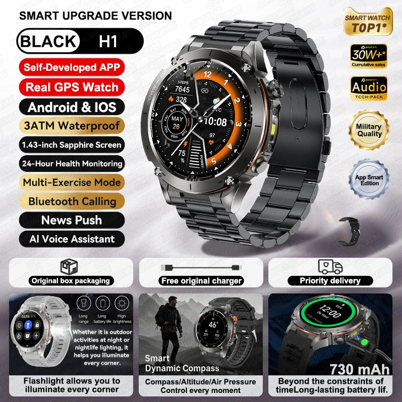2026 New GPS Smart Watches 10 ATM Waterproof Built-in Dual-band GNSS Compass Military Sport Men SWIM Smartwatch For Android IOS