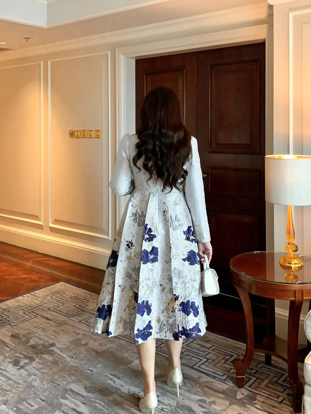 Big Size Spring Summer Jacquard Dress Occasion V-Neck Brocade Dress Women Long Sleeve Party Evening Clothing Mid-Calf Ball Gown