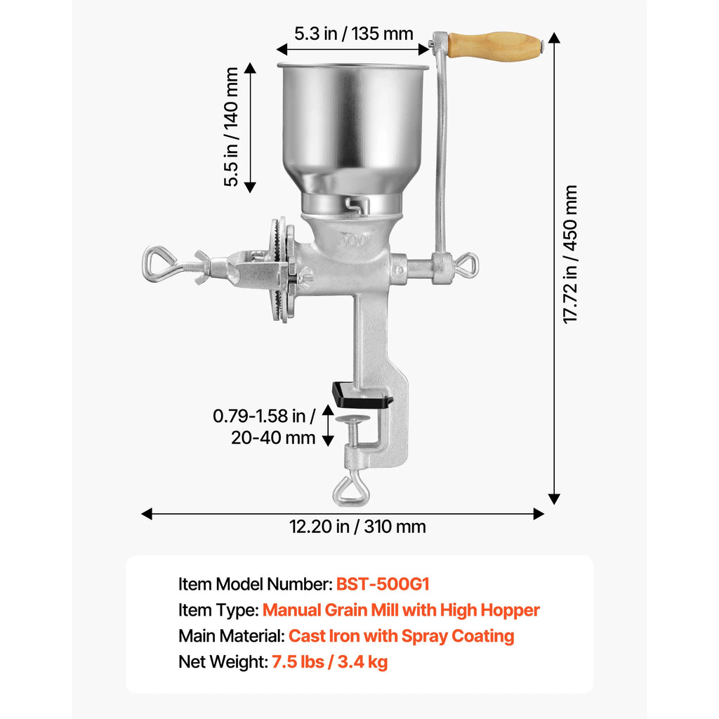 SucceBuy Manual Grain Mill with High Hopper Hand-Crank Corn Grinder with Stable Table Clamp for Grains Spices Coffee Beans Nuts