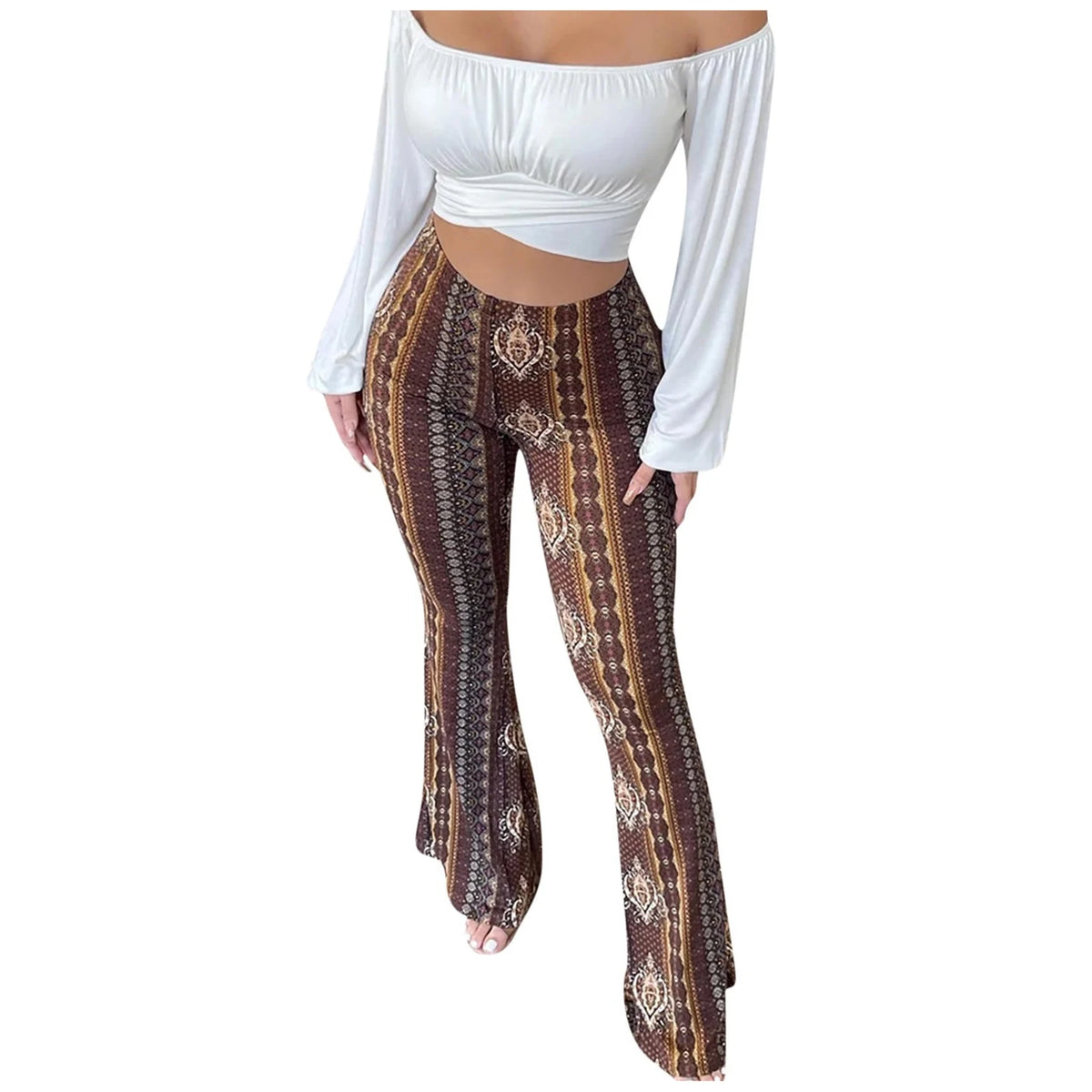 Bohemian Flare Pants for Women High Waisted Stretchy Bell Bottoms Y2K Hippie Style Trousers for Beach Vacation Leggings 2026